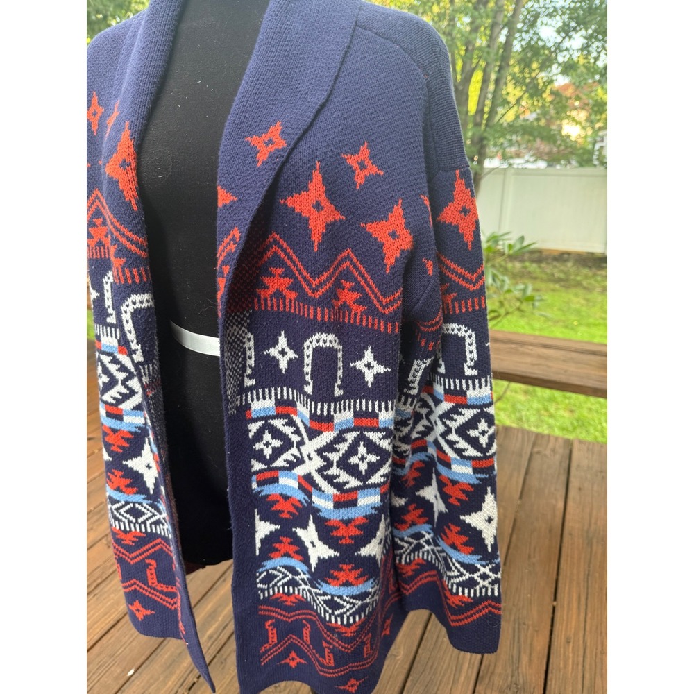 Lucky Brand Womens Southwestern Intarsia Shawl Cardigan Navy Red XL RN80318 - Picture 2 of 7